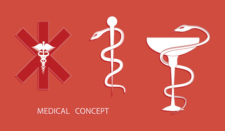 Set of medical symbols - Cross and Caduceus, Bowl and Snake, Staff and Snake - Flat style - art vectorのイラスト素材