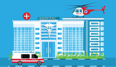 Hospital, car Ambulance, medical Helicopter on the roof of the building - flat style - art vector.のイラスト素材