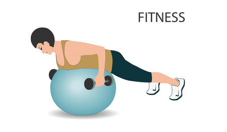 Fitness with ball - weight training with dumbbells - isolated on white background - flat style - art vectorのイラスト素材