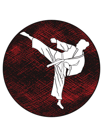 Karate, judo - Silhouette girl in combat stance - abstract grunge black and red circle - isolated on white background - flat style - vectorのイラスト素材
