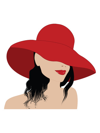 Image of a woman with a smile, wearing a hat, red lips, wavy hair - isolated on white background - art vector.のイラスト素材
