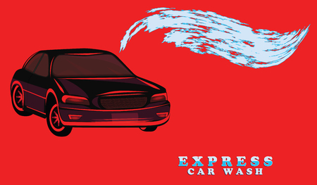 Express car wash - car and blue water wave - isolated on red background - vector art.のイラスト素材