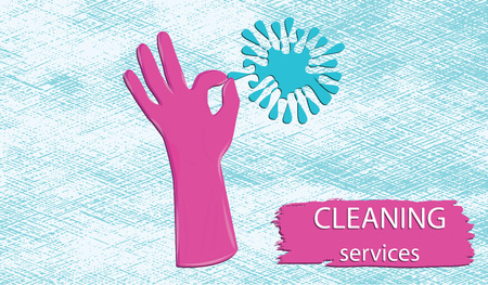 Cleaning service-hand in pink rubber glove symbol of excellent work - brush stroke, grunge background - art vector.のイラスト素材
