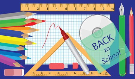 A set of school supplies - a disk, markers, pencils, triangle - art vector.のイラスト素材