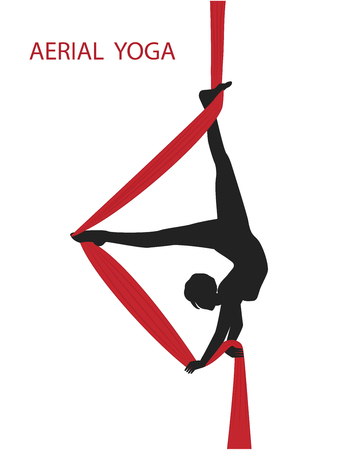 Aerial gymnastics Silhouette of a woman on a red hammock - isolated on white background - vector art.のイラスト素材