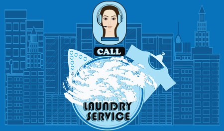 Laundry service - online order - cityscape, girl with headphones, symbol of washing machine with soap, iron, shirt - art vectorのイラスト素材