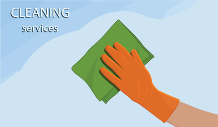 Cleaning service - hands in rubber gloves with a napkin washes glass - art vectorのイラスト素材