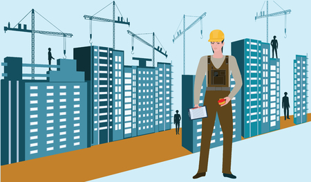 Builder in overalls in the background construction site with cranes and workers - vector art illustrationのイラスト素材