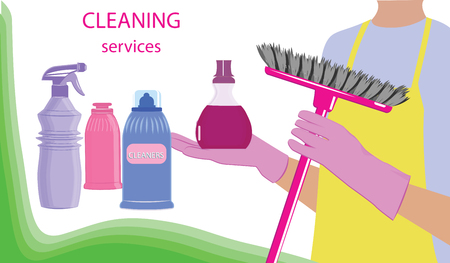 Concept Cleaning service - silhouette of a man holding a sweeper brush in hand - bottles of cleaning products - vector artのイラスト素材