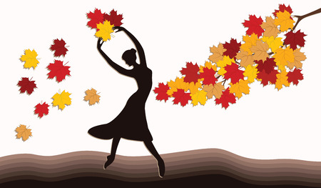 A woman is throwing bright autumn leaves - a branch of a tree - an art vector.のイラスト素材