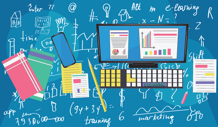 Back to school - e-learning - computer, notebook - background hand inscriptions, doodle - art vectorのイラスト素材