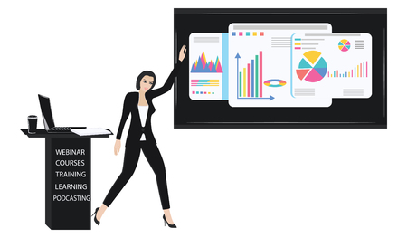 Business woman, modern, elegant, makes a presentation - screen with charts - isolated on white background - vector. Financial Success Concept.のイラスト素材