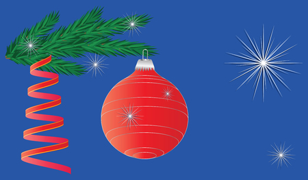 Green Christmas tree branch, red ball, spiral serpentine - blue background - vectorのイラスト素材
