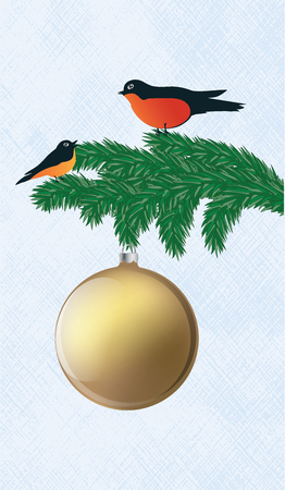 Bullfinches are sitting on a spruce branch, a yellow Christmas ball - an abstract light background - art vector illustrationのイラスト素材
