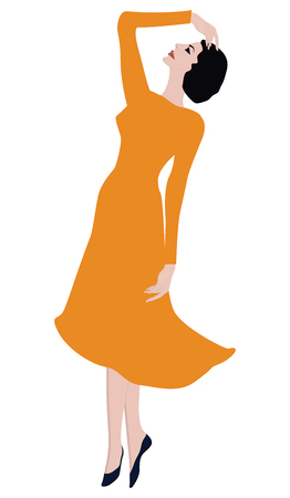 Woman in profile, in an elegant dress with long sleeves, one hand raised to the head - flat style, isolated on white background - vectorのイラスト素材