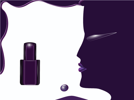 Female face in profile and bottle of violet nail polish - isolated on white background - vectorのイラスト素材