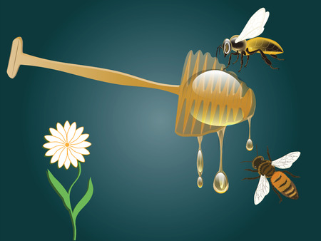 Honey spoon - flowing drops, bees - vector. Natural product conceptのイラスト素材