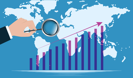 Business development dynamics - world map - male hand with magnifier - vector. Financial Success Conceptのイラスト素材