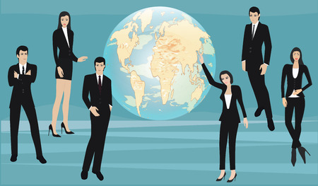 Modern young people in business suits - the globe as a symbol of global success of teamwork - vector.のイラスト素材