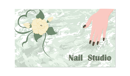 Female hand and yellow rose - on abstract light green background - vector. Business card for a beauty salon. Nail studioのイラスト素材