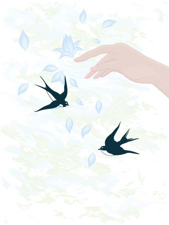 Female elegant hand scatters flower petals, two swallows - blue abstract background - vectorのイラスト素材