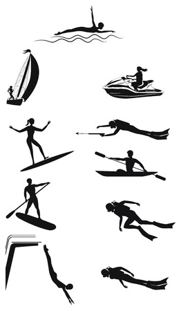 Set of water sports - silhouettes of men and women - detailed - vectorのイラスト素材