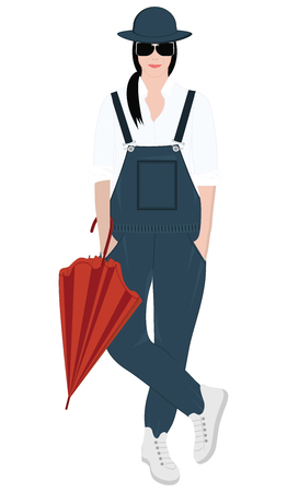 Girl in overalls, in a hat, with an umbrella - isolated on white background - vector.のイラスト素材