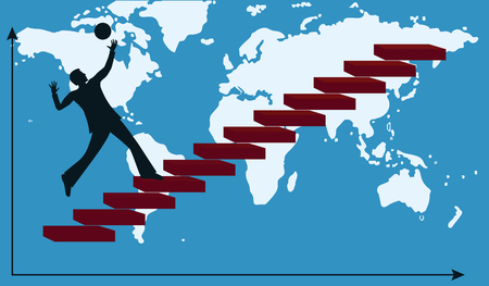 Silhouette of Businessman running up the stairs - world map - vector Financial Success Conceptのイラスト素材