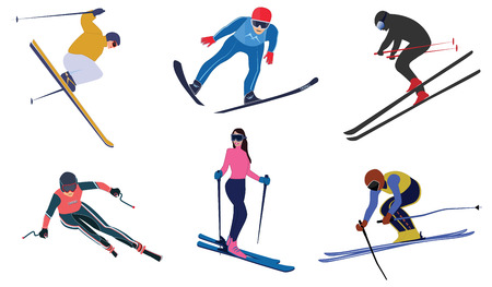 Skiers, a set of athletes in colorful suits - isolated on white background - flat style - vectorのイラスト素材