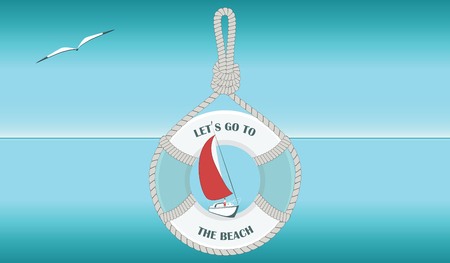 Seascape - lifebuoy, boat, seagull - inscription - Let's go to the beach - vector illustration artのイラスト素材