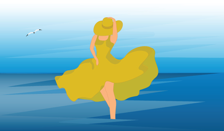 Marine summer landscape - Woman in hat and bright yellow summer dress standing in water - art vectorのイラスト素材
