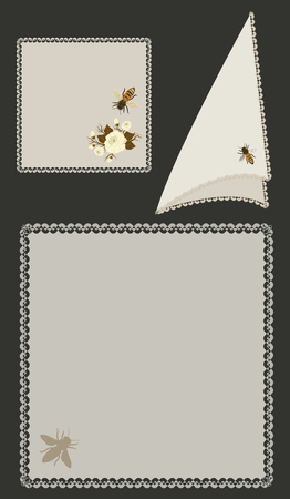 Fabric napkins with applique and lace trim - isolated on a dark background - vector. Home textilesのイラスト素材