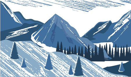 Mountain winter landscape - abstract white blue background - flat style - vector art.のイラスト素材