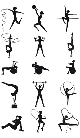 Set of sports - fifteen girls silhouettes with ribbon, hoop, ball, jump rope - detailed - vector. Fitness Yoga. Pilatesのイラスト素材