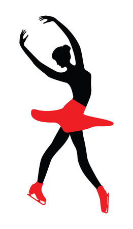Skater - elegant woman with raised hands in a red skirt and skates - isolated on white background - vector. Winter sportsのイラスト素材