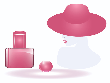 Female face with hat and bottle of pink nail polish - isolated on white background - vectorのイラスト素材