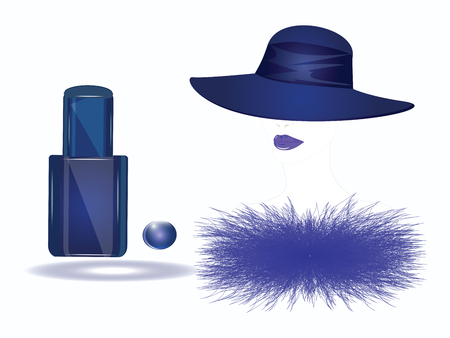 Female face with hat, fur collar and bottle of blue nail polish - isolated on white background - vectorのイラスト素材