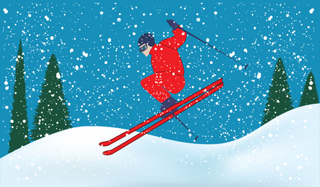 Skier, snowdrifts, fir forest, snowfall - light blue background - art vector illustrationのイラスト素材