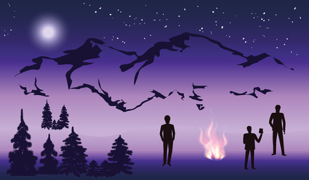 Travelers by the fire - night, mountains, forest, starry sky, moon - illustration vectorのイラスト素材