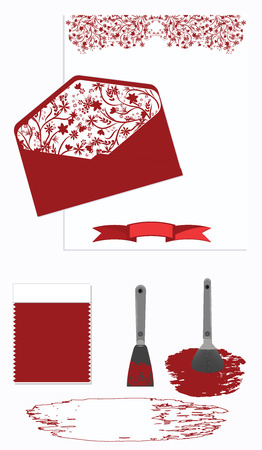 Choosing a color palette for home - brush, spatula, envelope, letter, grunge paint stains - isolated on white background - vectorのイラスト素材