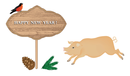 New Year symbols - funny pig, billboard, bullfinch, fir-cone, Christmas tree branch - isolated on white background - vectorのイラスト素材
