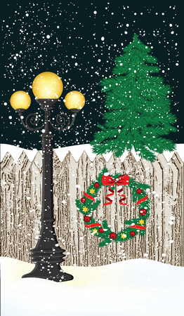 Winter, night, lamppost, fence, Christmas wreath, tree, snow, snowdrifts - vector illustrationのイラスト素材