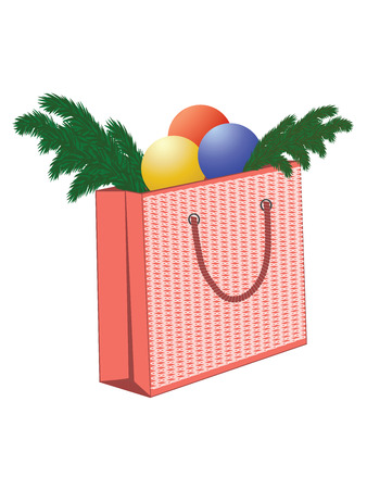 Festive coral paper bag with Christmas branches and balls - isolated on white background - vectorのイラスト素材