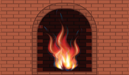 Fire bright in the red brick fireplace - art illustration vectorのイラスト素材