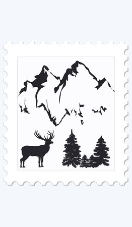 Postage Stamp - Deer, mountains, pines, - flat style, minimalism - isolated on white background - vectorのイラスト素材