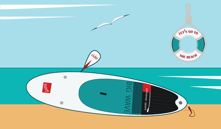 Surfboard on the ocean - Lifebuoy - seagulls, sky, - flat style - illustration, vectorのイラスト素材