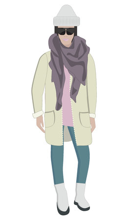 Woman in seasonal clothes, glasses, hat, jacket, pants, boots - isolated on white background - flat style - vectorのイラスト素材
