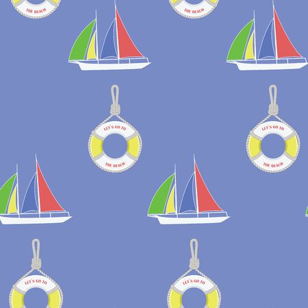 Background summer, spring, bright pattern - lifebuoy, sailing boat - vectorのイラスト素材