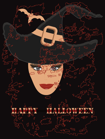 Happy Halloween - red spider - face of a woman in a black hat, bat - vectorのイラスト素材