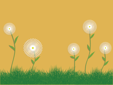 Green grass and white wildflowers - yellow background - flat style - vectorのイラスト素材